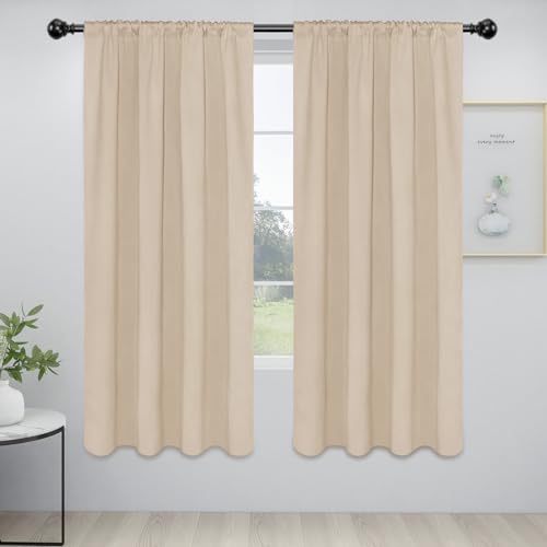 Easy-Going Rod Pocket Blackout Curtains for Bedroom, Room Darkening Window Curtains for Living Room, Thermal Insulated Noise Reduction Solid Window Drapes, 2 Panels(42x72 in, Beige)