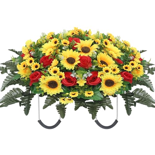 Lodou Artificial Cemetery Flowers for Grave,Headstone Flower Saddle Silk Sunflowers Grave Flowers for Cemetery Memorial for Outdoor Gravesite Decoration (Red)