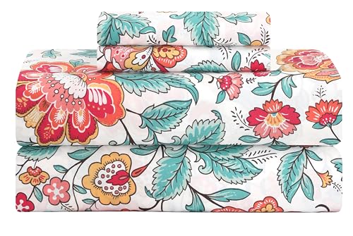 "Feather & Stitch Softest 100% Cotton Sheets, 300 Thread Count Percale Weave Bedding, 16"" Deep Pocket, Cooling Sheets, Breathable Bed Set, Hotel Premium Quality (King, Vintage Garden)"