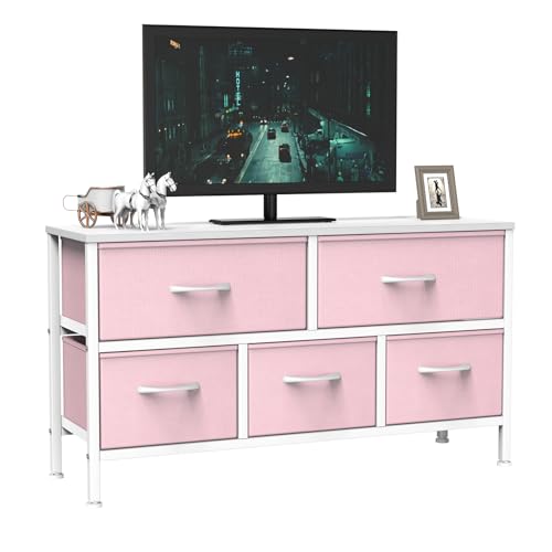 Feonase Bedroom Chest of Drawers, 5 Fabric Drawers Dresser with Metal Frame and MDF Top Board, Modern Storage Unit for Bedroom Living room, Entryway, Closet, Office, Pink-White