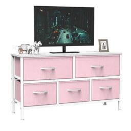 Feonase Bedroom Chest of Drawers, 5 Fabric Drawers Dresser with Metal Frame and MDF Top Board, Modern Storage Unit for Bedroom Living room, Entryway, Closet, Office, Pink-White