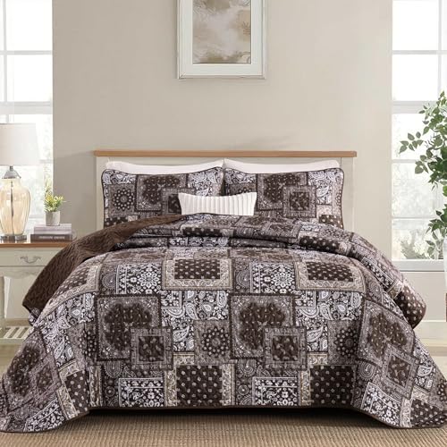 "Cottolester Brown Patchwork Quilt Set King Size,3 Pieces Boho Paisley Quilt Set,Farmhouse Bedspread Soft Microfiber Bedding Set for All Season 110""x90"""
