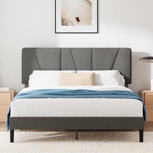 Zinus Maya Double Bed Frame with Headboard - 4ft6 (135 x 190 cm) - 11.8'' Height - Upholstered Bed Base - Wooden Slat Support - Easy Assembly - Dark Grey
