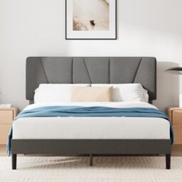 Zinus Maya Double Bed Frame with Headboard - 4ft6 (135 x 190 cm) - Upholstered Bed Base - Wooden Slat Support - Easy Assembly - Dark Grey