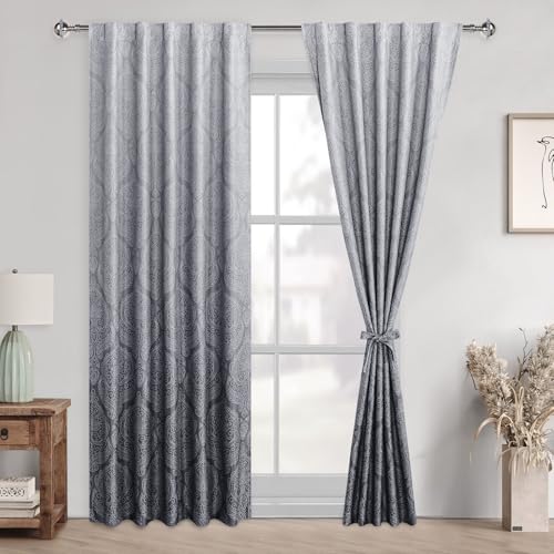 DWCN Grey Ombre Room Darkening for Bedroom - 84 inch Long Back Tab Damask Design Thermal Insulted Tieable Window Drapes Light Blocking Curtains for Living Room, Hotel, 2 Panels, W42 x L84, Gray