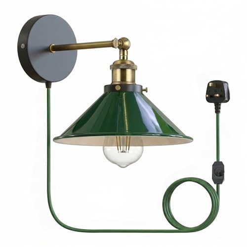 LEDSone Industrial Wall Sconce Adjustable Arm Light dimmer Switch Plug in 22cm Green Metal Cone Lamp Shade with E27 Base Wall Lights for Restaurant Office and Indoor Home Decor