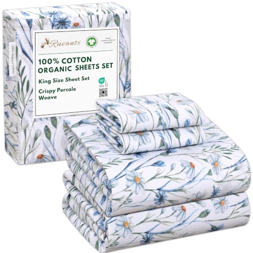 "RUVANTI 100% Cotton Organic Percale Sheets, King Size, Daisy Bud - Crisp Cooling, Deep Pocket 15"", Soft Peach Finish, Breathable & Durable, 4 Pcs"