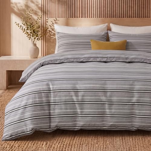 Herside 100% Cotton Double Gauze Striped Duvet Cover Set King Size,Cool Gray Fine Stripe Soft Breathable Cotton Bedding Set Modern Simple 3 Piece Quilt Duvet Set for All Seasons