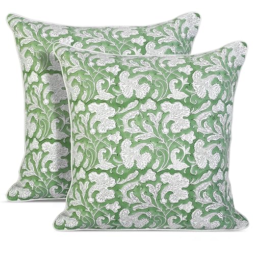 "Ridhi Block Print Sage Green Pillow Cover 18"" x 18"" (Pack of 2) Decorative Couch Pillows for Living Room, Farmhouse Chic Boho Cute Outdoor Pillows Covers Gifts for Spring, Mother's Day"