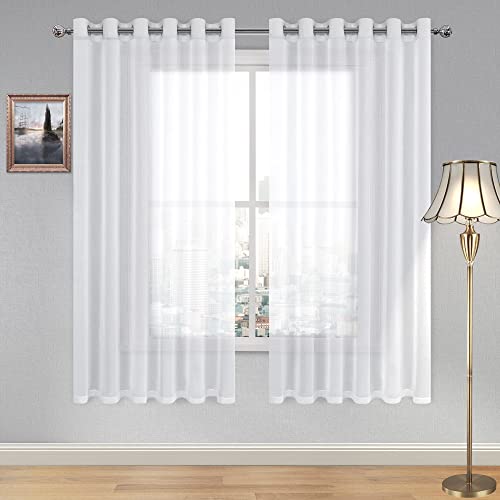 DWCN White Faux Linen Sheer Curtains - Grommet Voile Window Curtains Drapes for Bedroom Living Room 70 x 63 inch Length, Set of 2