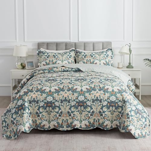 HoneiLife Queen Quilt Bedding Set - Microfiber Quilt Sets for Queen Bed, 3-Piece Lightweight Bedspreads,Reversible Coverlets Rustic Bed Cover, Floral Bedding Set All Season Quilts-Grayish Green