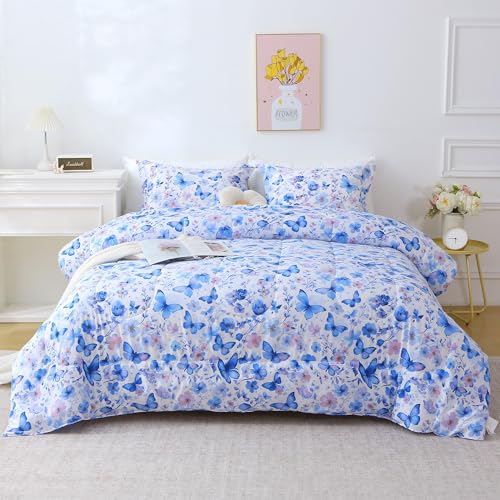 Mooreeke Floral Duvet Cover Full Size, 3 Piece Violet Butterfly and Flowers Duvet Cover Set with Zipper Closure, Soft & Breathable Microfiber Bedding Set with 4 Corner Ties and 2 Pillow Shams