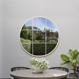 "MirrorOutlet The Circulus - Solid White Metal Framed Window Modern Round Circular Garden Wall Mirror 39"" X 39"" (100CM X 100CM) Silver Mirror Glass with Black All weather Backing."