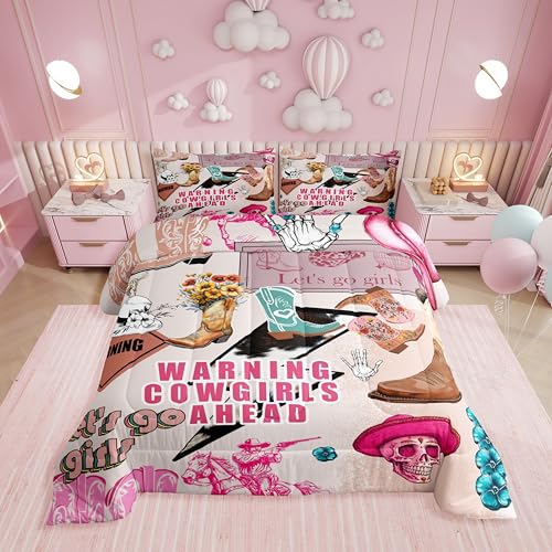 Erosebridal Western Full Comforter Set,Cowgirl Boots Hats Bedding Sets for Girls Kids Teen,Pink Disco Ball Floral Quilt Bed Set,Wild West Horse Cowboy Bedroom Decor,2 Pillowcases Lightweight