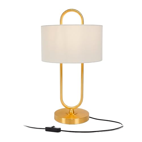 Relaxdays Table Lamp, Open U-Shape, Linen Shade, E27, HD 55 x 30.5 cm, Bedside Lamp with Cable, Bedroom, White/Gold