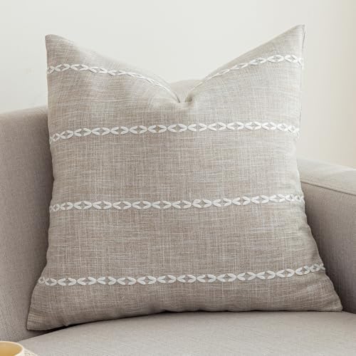 "vctops Rustic Striped Cotton Linen Decorative Throw Pillow Cover Embroidery Square Cushion Cover Pillowcase for Sofa Bedroom Couch (Stripe Coffee, 24""x24"")"