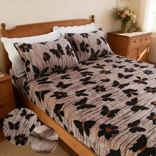 MAG 3Pcs Butterfly Fleece-Flannel Full Size Sheets Set,Microfiber Black Insect Full Size Bed Set,Romantic Fluffy Warm Super Soft for Women Men,with 1*Fitted Sheet + 2*Pillowcases.