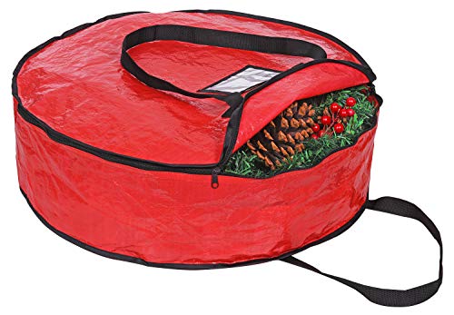 "ProPik Wreath Storage Bag Polyester Tear Resistant Fabric For Holiday Easy Storage Featuring Heavy Handel's And Transparent Card Slot 36"" X 36"" X 8"" (Red)"