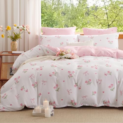 Erwinmu Floral Comforter Set Queen Size,3 Pieces Pink Floral Bow Ties Comforter Bedding Sets Reversible Pattern Back to School for Girls Kids,Chic Tulips with Heart Comforter and 2 Pillowcases