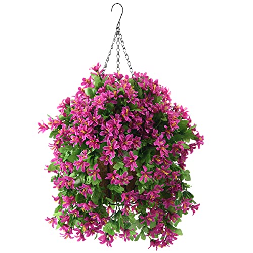 INQCMY Artificial Hanging Flowers in Basket for Summer Outdoor Porch Decoration,Fake Silk Violet in Planter,12inch Hanging Baskets with Artificial Flower UV Resistant for Home Balcony Yard Patio