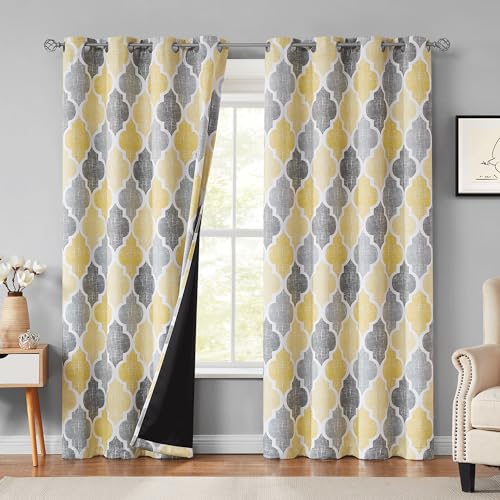 Beauoop Moroccan 100% Blackout Curtains Bedroom Yellow Grey 50x84 2 Panels - Geometric Room Darkening Drapes for Living Room 84 Inch Long Thermal Insulated Soundproof Lattice Window Treatment Grommet