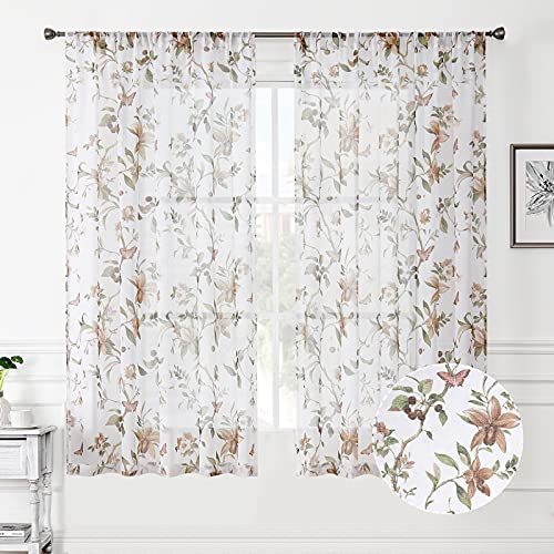 Tollpiz Floral Sheer Curtains Taupe Cherry Flower Butterfly Print Living Room Curtain Rod Pocket Voile Linen Look Short White Sheer Curtains for Bedroom, 54 x 45 inches Long, Set of 2 Panels