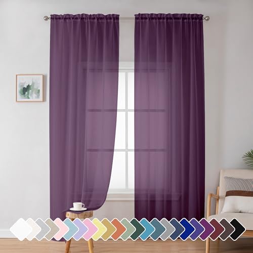 "Simplebrand Plum Purple Sheer Curtains 72 Inches Long 2 Panels for Living Room, Rod Pockets Airy Window Treatments Voile Sheer Curtains Panels Lightweight for Front Back Patio Glass Door, 42"" Width"