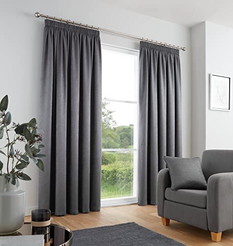 "Fusion Charcoal Grey Pencil Pleat Curtains W90 x L90"" (229x229cm) – 2 Panels – 100% Cotton Thermal Drapes – Soundproof Window Treatment for Bedroom – Dark Grey Pleated Design"