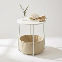 FurnitureR End Table, Small Bedside Table with Fabric Storage Basket, Modern Nightstand, 45 cm White Top, for Living Room, Bedroom, Matte White and Camel,Metal Frame