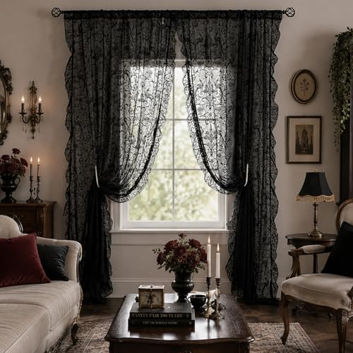 Tudeco Luxury Black Sheer Curtains Floral Gothic Lace Curtain with Rod Pocket Farmhouse Living Room Mystic Decor 59x108 Inch 2 Panels