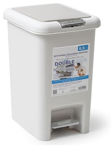 IPEA Small Plastic Bin - 6.5 Litre - with Innovative Double Opening Pedal and Knob - Minimalist and Elegant Design - Waste Bin for Home, Kitchen, Bathroom, Light Grey