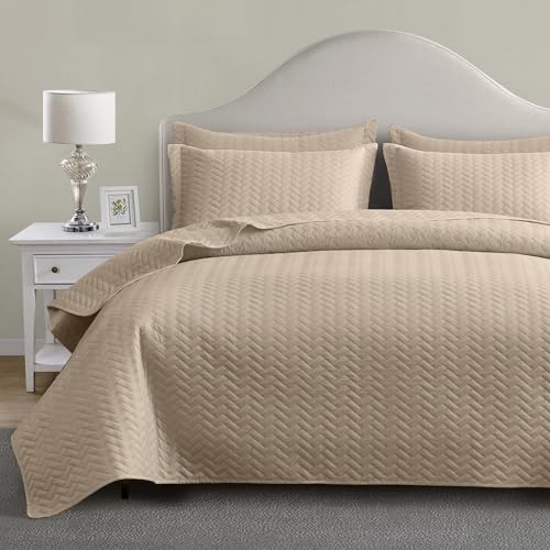 Maple&Stone Quilt Set Queen Size, Lightweight Beige Bedspread Ultrasonic Chevron Pattern Light Coverlet for All Season Comforter Bedding Decor - 3 Piece Full Bed Cover Sets