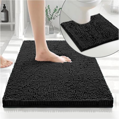 GC GAVENO CAVAILIA Soft Bath Mat Sets For Bathroom - 2 Piece Bath Mat Non Slip Back - Highly Water Absorbent & Fast Drying 100% Microfiber Chenille Toilet Rug with Pedestal Mat - Black (Pack of 5)