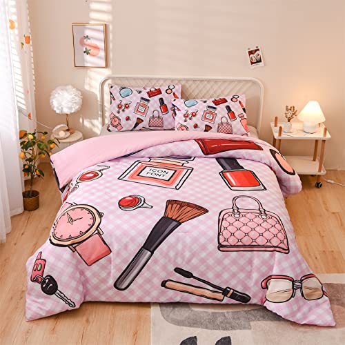 Aimuan Fashion Cosmetic Makeup Theme Comforter Set,with Perfume Bag Lipstick Nail Polish Pattern,Decorative 3 Piece Bedding Set with 2 Pillow Cases, Queen Size, Pink (Pink, Queen)