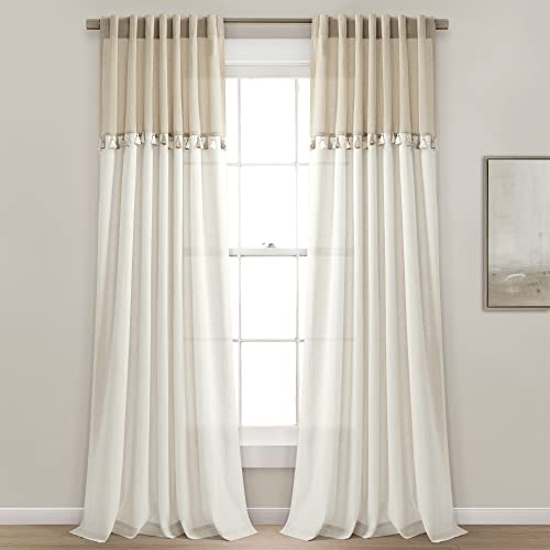 "Lush Decor Boho Faux Linen Tassel Color Block Window Curtain Panel Pair, 42"" W x 84"" L, Linen & Off-White"