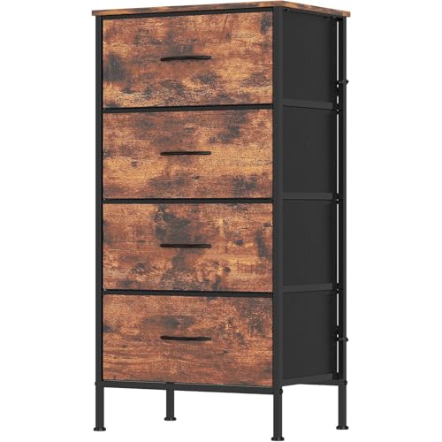Feonase Chest of Drawers with 4 Fabric Drawers, Large Bedroom Dresser with Wooden Top & Sturdy Metal Frame, Tall Storage Organizer Unit for Bedroom, Living Room (Rustic Brown)