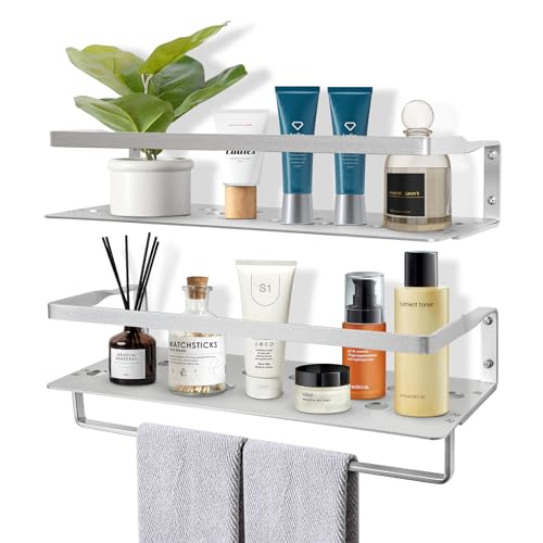 Uten Floating Shelves, Wall Mounted Updated Space Aluminum Shelves Set of 2, Bathroom Storage Shelves with Towel Rack, Wall Hanging Organizer Shelf for Bathroom, Kitchen
