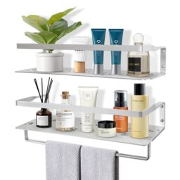 Uten Floating Shelves, Wall Mounted Updated Space Aluminum Shelves Set of 2, Bathroom Storage Shelves with Towel Rack, Wall Hanging Organizer Shelf for Bathroom, Kitchen