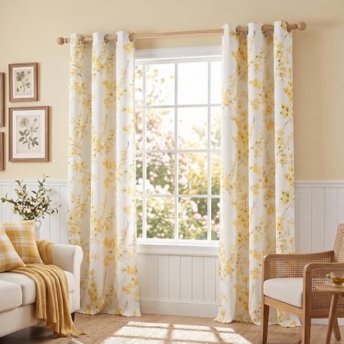 Melodieux Floral Curtains 84 Inches Long for Living Room, Farmhouse Yellow Apricot Flower Print White Decorative Grommet Drapes, 42x84 Inch, 2 Panels