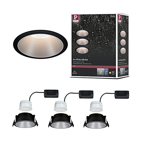 Paulmann Cole LED Downlight, Set of 3, 2700K, Black/Silver - IP44, dimmable with a light switch, warm white light, replaceable LED Coins, for ceiling mounting