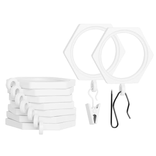 "BlastHome?? Luxury Curtain Rings - Premium Metal with Quiet, Smooth Nylon Inserts - Pinhooks and Clips Included - 1 1/2"" Inside Diameter - 9 Rings for One Standard Curtain - White"