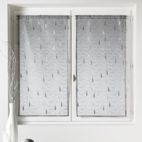 Homemaison - Pair of Small Organza And Jacquard Sheer Curtains with Drops Pattern - Polyester - Rod Pocket Hem - Kitchen Living Room - 80 x 160 cm - Light Grey