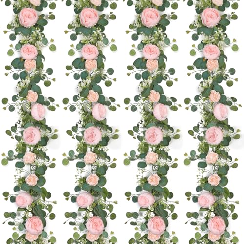 SOMYTING Artificial Flower Garlands Eucalyptus Garlands with Flowers Rose Peony Flower Vine Faux Floral Garland for Wedding Party Arch Table Wall Backdrop Decoration (Light Pink, 4PCS)