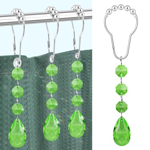 Yapicoco Shower Curtain Hooks Rings for Bathroom, 12PCS Gemstone Crystal Bead Water Drop Stainless Steel Rust Resistant Clear Shower Curtain Rings (Green)