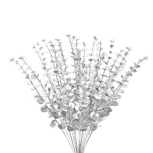 ABAJI Eucalyptus Stems 12 PCS Fake Faux Decorations with Artificial Leaves Grey Greenery Plant Leaf Suitable for Home Office House Table Desk Decor Wedding Party Vase Forever Live (Silvery)