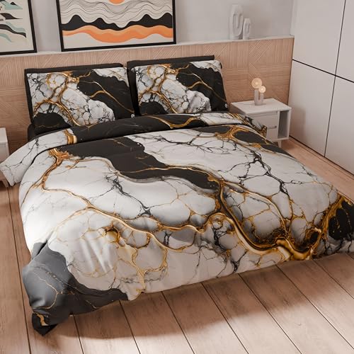 PETTI Artigiani Italiani - Double Duvet Cover Set 250 x 200 cm (2 Pillowcases 50 x 80 cm Included), Soft Microfibre Duvet Cover Set with Digital Print Black Marble Effect - Made in Italy