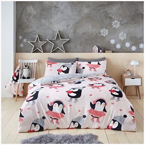 GC GAVENO CAVAILIA Luxury Penguin Duvet Cover, Cozy Fleece Bedding Sets Single, Heart Quilt Bed Covers, Pink Grey
