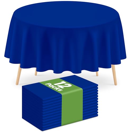 Mulbozy 12 Pack Dark Blue Round Tablecloth, 84 Inches Plastic Table Cover, Premium Disposable Round Party Table Cloths for Restaurant Dinners, Wedding, Grad Party, Baby Shower, Outdoor Camping