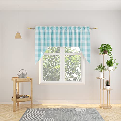 Natus Weaver Swags for Kitchen Window Curtain Valance 1 Panel Buffalo Check Swag Classic Country Farmhouse Window Curtain - Sky Blue & White W 54'' x L 36'' with a 16'' Center Drop
