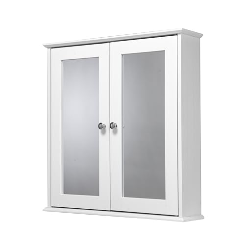 Croydex Ashby White Wooden Cabinet for Bathroom - Double Door Bathroom Mirror Cabinet with 2 Adjustable Shelves and Easy Hang 'n' Lock Installation (58 x 56cm)